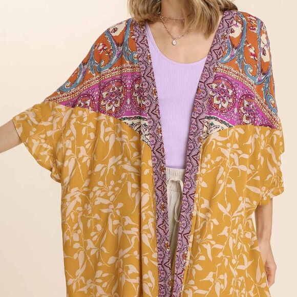 Umgee Boho Mixed Print Kimono Cardigan Paisley & Floral Gold Light Layer S M L - Picture 4 of 8